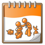 Clip Art Graphic of an Orange Guy Character With His Family And Pets On A Notepad