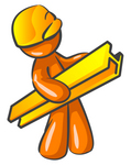 Clip Art Graphic of an Orange Guy Character Carrying A Beam Through A Construction Site