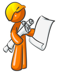 Clip Art Graphic of an Orange Guy Character Holding Architectural Design Blueprints And Scrolls