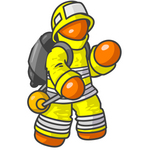 Clip Art Graphic of an Orange Guy Character Fireman In A Yellow Safety Suit, Waving