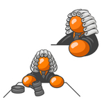 Clip Art Graphic of an Orange Guy Character Judge Wearing Wig And Shown In Two Poses, One Scene Where He Is Whacking The Gavel On The Desk