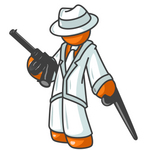 Clip Art Graphic of an Orange Mafia Guy Character In White, Leaning On A Cane And Holding A Gun