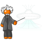 Clip Art Graphic of an Orange Guy Albert Einstein Character Pointing To A Drawing Of A UFO