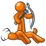 Clip Art Graphic of an Orange Guy Character Holding A Bow And Arrow And Standing By A Dead Deer While Hunting