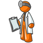 Clip Art Graphic of an Orange Guy Character Doctor In A Lab Coat, Holding A Clipboard With A Patient’s Charts
