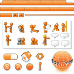 Clip Art Graphic of an Orange Guy Character Web Designer Kit With Tabs, Icons And People