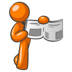 Clip Art Graphic of an Orange Guy Character Holding And Pointing To A Story And Photo In The News