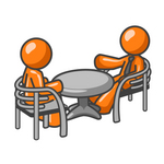 Clip Art Graphic of an Orange Guy Character Having A Casual Discussion With A Friend At A Table