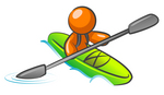 Clip Art Graphic of an Orange Guy Character Kayaking Down A River In A Green Boat