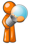Clip Art Graphic of an Orange Guy Character Holding A Shiny Blue Lightbulb