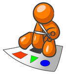 Clip Art Graphic of an Orange Guy Character Sitting And Cutting Shapes Out Of A Sheet Of Paper