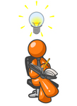 Clip Art Graphic of an Orange Guy Character Writing Down Inventions And Ideas In A Book