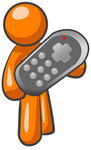 Clip Art Graphic of an Orange Guy Character Holding An Oversized Remote Control