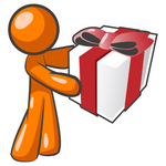 Clip Art Graphic of an Orange Guy Character Holding A Gift Wrapped In White Paper With A Red Bow And Ribbon