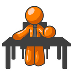 Clip Art Graphic of an Orange Guy Character Bossing People Around While Sitting At His Desk