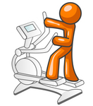 Clip Art Graphic of an Orange Guy Character Getting Exercise On An Eliptical Trainer In A Fitness Gym