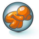 Clip Art Graphic of an Orange Guy Character Trying To Escape From A Tight Bubble