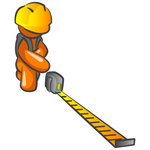 Clip Art Graphic of an Orange Guy Character Crouching And Reading A Tape Measure