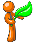 Clip Art Graphic of an Orange Guy Character In A Business Tie, Holding A Large Green Leaf