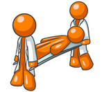 Clip Art Graphic of an Orange Guy Character Being Carried By Paramedics On A Stretcher
