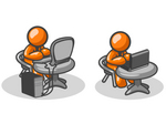 Clip Art Graphic of Orange Guy Characters Working At Different Tables, One With A Laptop, One With A Desktop Computer