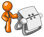 Clip Art Graphic of an Orange Guy Character Wearing A Business Tie And Standing By A Rotary Card File