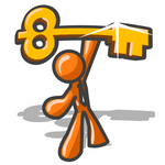 Clip Art Graphic of an Orange Guy Character Proudly Holding Up A Golden Skeleton Key