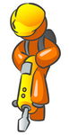Clip Art Graphic of an Orange Guy Character Standing On A Jackhammer While Doing Road Construction