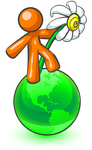 Clip Art Graphic of an Orange Guy Character Dancing With A Daisy Flower On A Green Globe