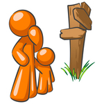 Clip Art Graphic of an Orange Guy Character And Child Standing At A Crossroads Sign