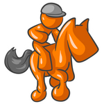 Clip Art Graphic of an Orange Guy Character Jockey Racing On A Horse