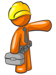 Clip Art Graphic of an Orange Guy Character Construction Worker Carrying A Box And Pointing