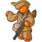 Clip Art Graphic of an Orange Guy Character In Historical Clothing, Holding A Rifle And Pointing