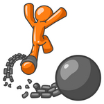 Clip Art Graphic of an Orange Guy Character Leaping Away From A Ball And Chain