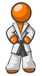 Clip Art Graphic of an Orange Guy Character Standing Proud In A Karate Suit