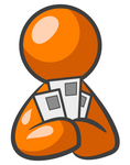 Clip Art Graphic of an Orange Guy Character Holding Three Envelopes Or Coupons