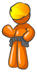 Clip Art Graphic of an Orange Guy Character Waving And Wearing A Hardhat And Toolbelt