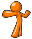 Clip Art Graphic of an Orange Guy Character Stretching Or Punching