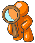 Clip Art Graphic of an Orange Guy Character Kneeling To Inspect Something Through A Magnifying Glass