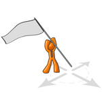 Clip Art Graphic of an Orange Guy Character Holding A Flag Above A Target