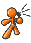 Clip Art Graphic of an Orange Guy Character Speaking Into A Microphone