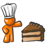 Clip Art Graphic of an Orange Guy Character In A Chef Hat, Presenting A Slice Of Chocolate Cake