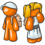Clip Art Graphic of an Orange Character School Children Waiting At The Bus Stop