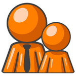 Clip Art Graphic of an Orange Guy Character In A Business Tie, Standing Behind His Child