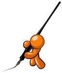 Clip Art Graphic of an Orange Guy Character Writing A Letter With A Large Ink Pen