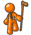 Clip Art Graphic of an Orange Guy Character Holding A Can And Lifting His Foot
