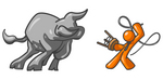 Clip Art Graphic of an Orange Guy Character Fighting Off A Bull With A Whip And Stool