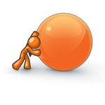 Clip Art Graphic of an Orange Guy Character Struggling To Push A Large Ball