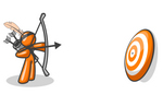Clip Art Graphic of an Orange Guy Character Shooting Arrows At A Target