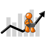Clip Art Graphic of an Orange Guy Character Working On A Laptop And Riding Upwards On An Arrow Over A Bar Graph
